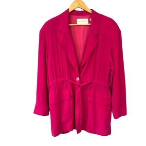 Vintage 100% Silk Fuchsia‎ Hot Pink Jacket Blazer Cinch Tie Waist Size 12